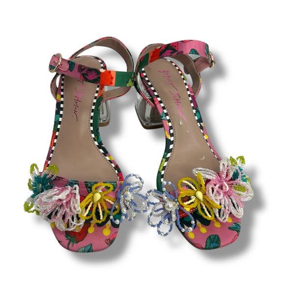 Betsey Johnson Beaded Flower Embellished Sandals Size 6 Clear Block Heels EUC - Picture 8 of 13